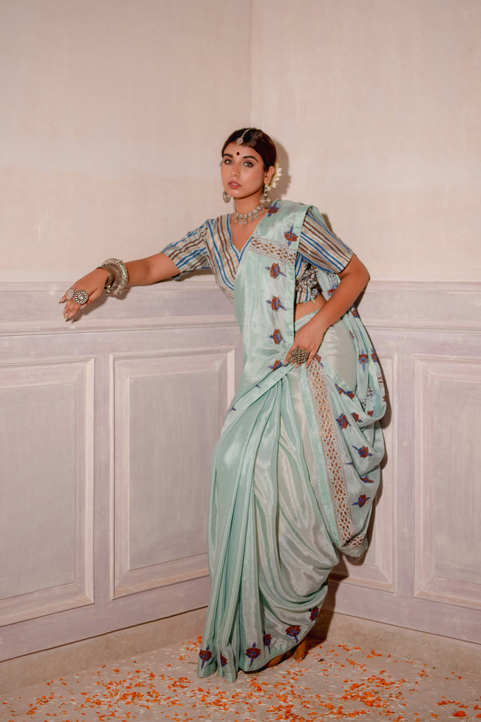 Pastel Blue Block Printed Chinon Saree