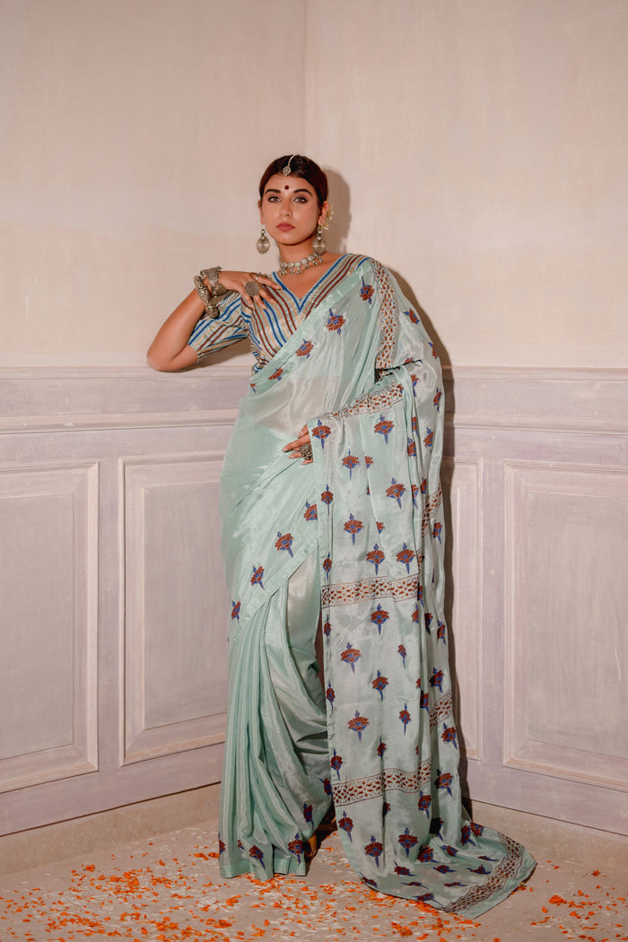 Pastel Blue Block Printed Chinon Saree