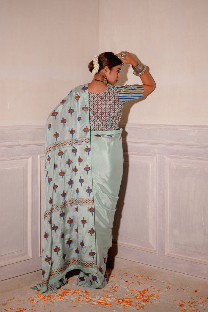 Pastel Blue Block Printed Chinon Saree