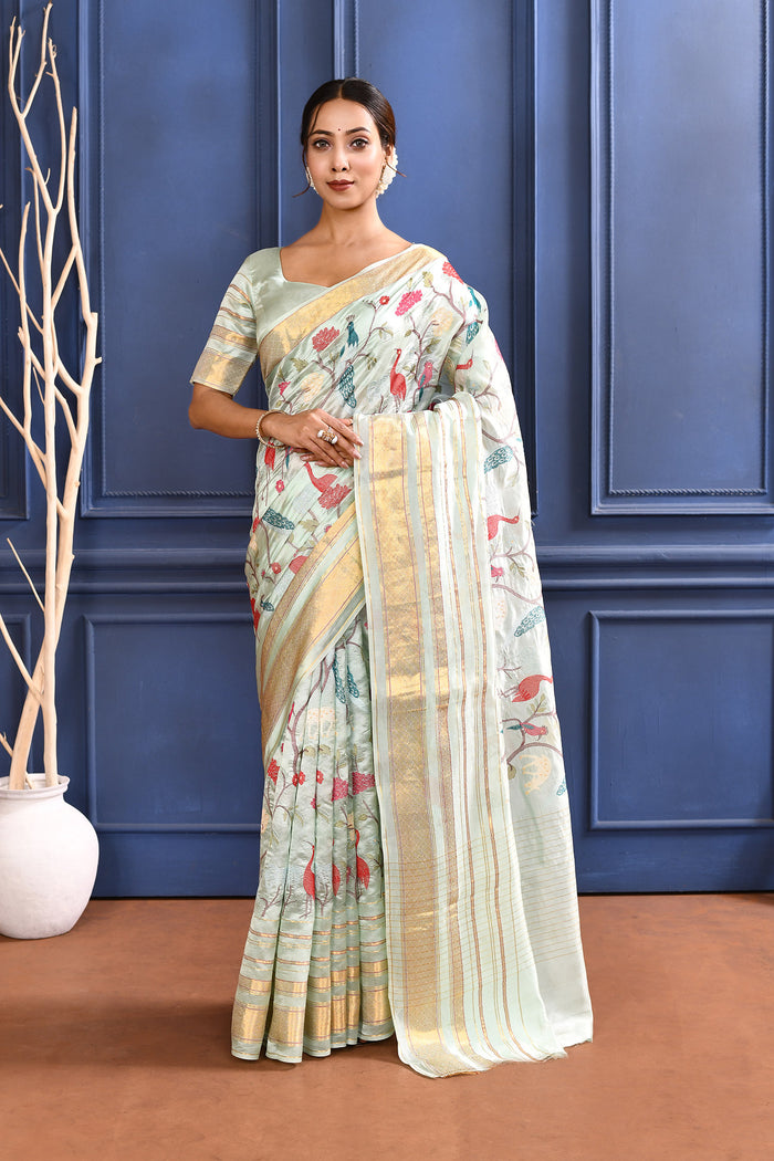 Pastel Blue Embroidered Silk Saree