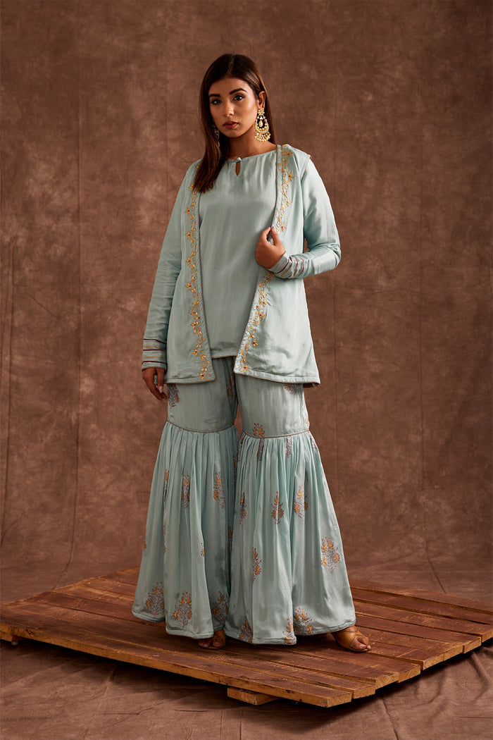 <img> Pastel Blue Jacketed Pure Chinon Gharara Set
