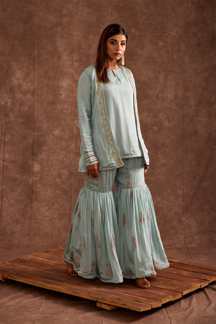 <img> Pastel Blue Jacketed Pure Chinon Gharara Set
