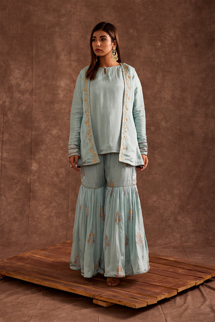 <img> Pastel Blue Jacketed Pure Chinon Gharara Set
