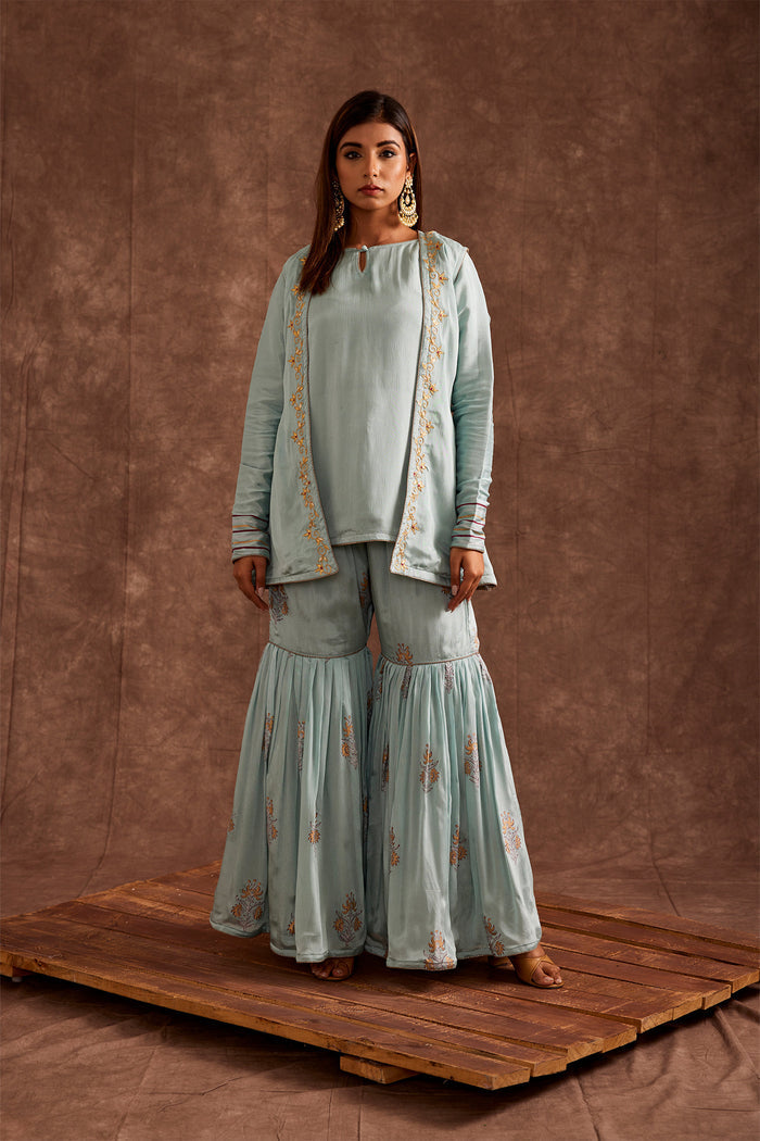 <img> Pastel Blue Jacketed Pure Chinon Gharara Set