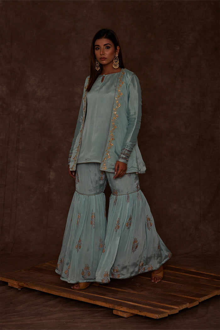 <img> Pastel Blue Jacketed Pure Chinon Gharara Set