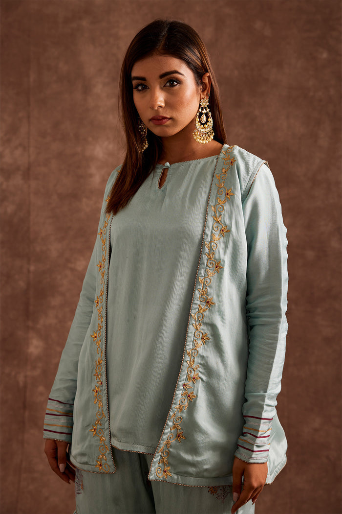 <img> Pastel Blue Jacketed Pure Chinon Gharara Set