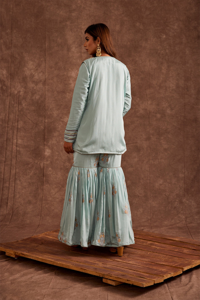 <img> Pastel Blue Jacketed Pure Chinon Gharara Set