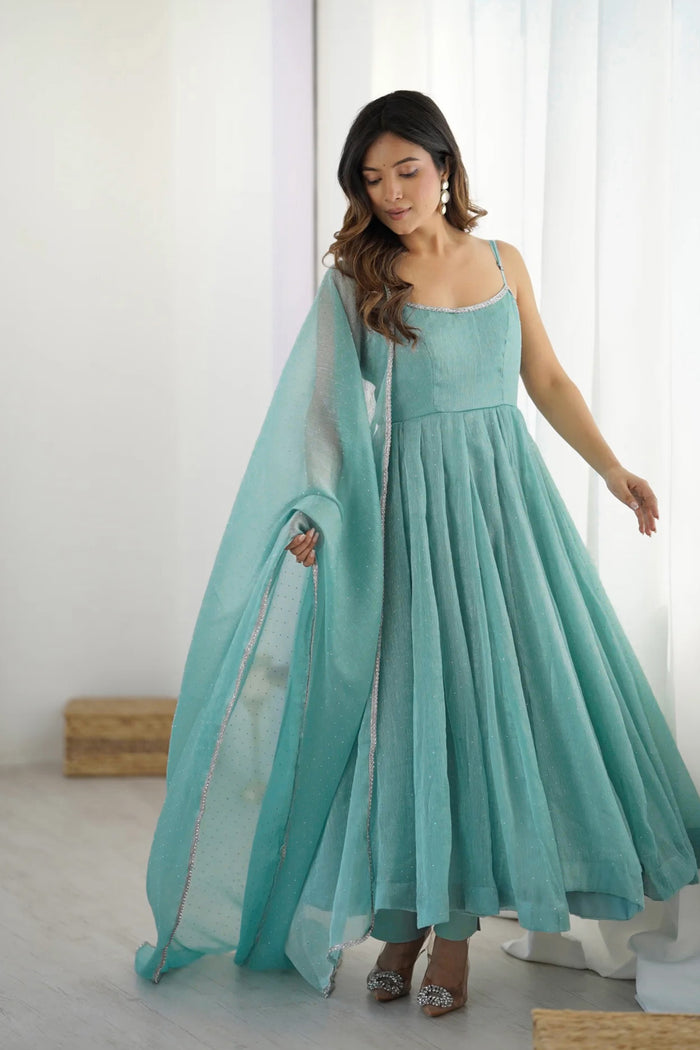 Pastel Blue Silk Embroidered Anarkali Set