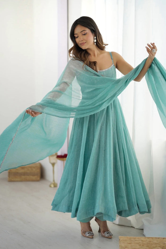 Pastel Blue Silk Embroidered Anarkali Set