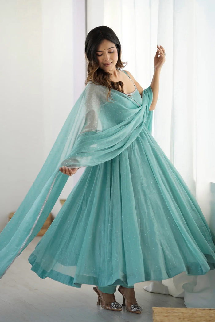 Pastel Blue Silk Embroidered Anarkali Set