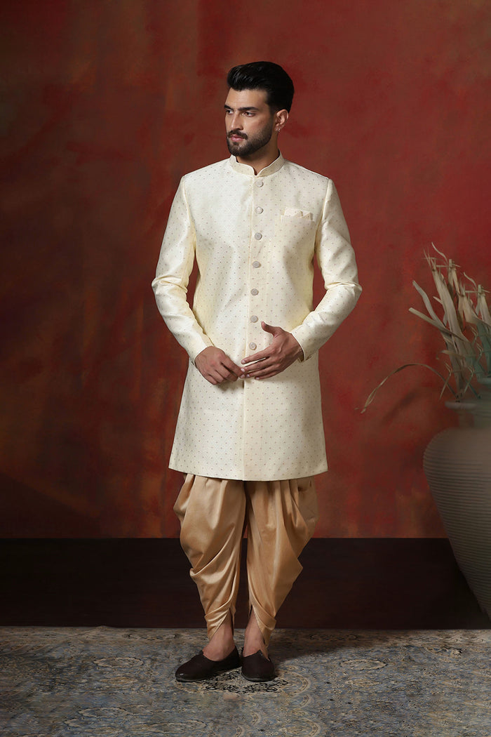 Pastel Cream Cotton Blend Printed Sherwani Set