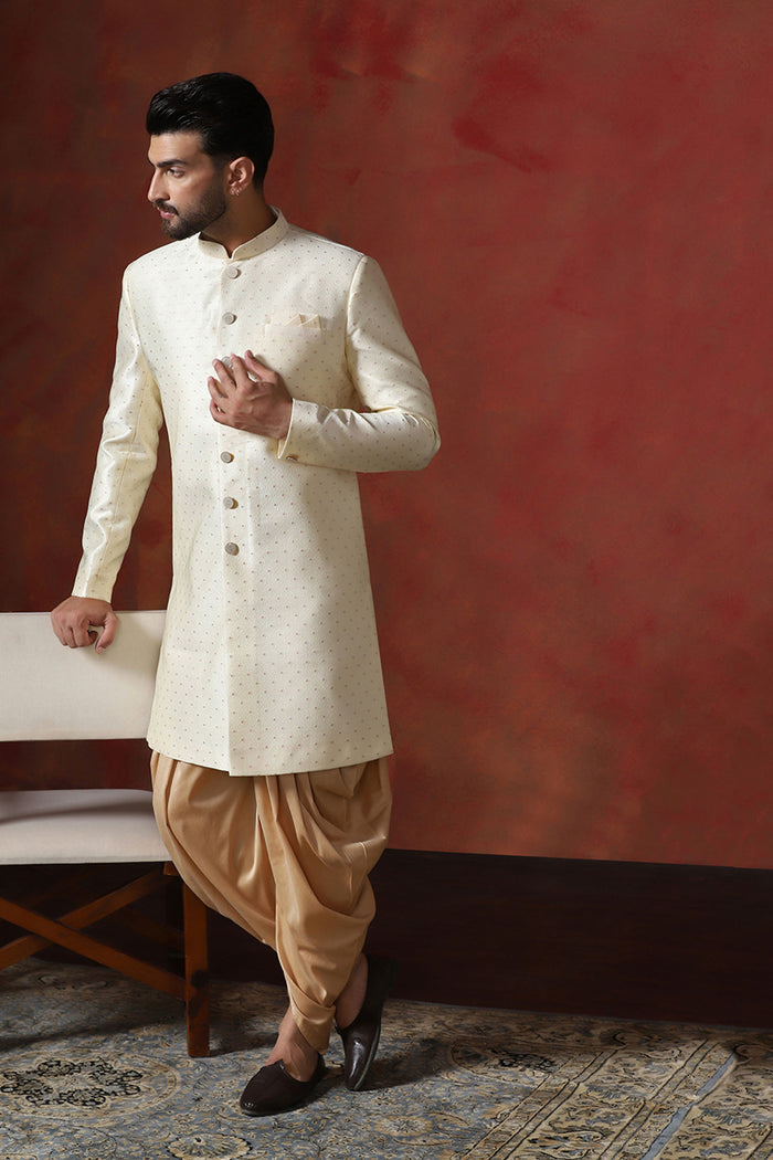 Pastel Cream Cotton Blend Printed Sherwani Set