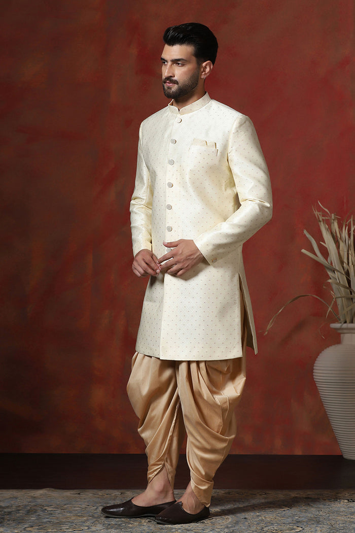 Pastel Cream Cotton Blend Printed Sherwani Set