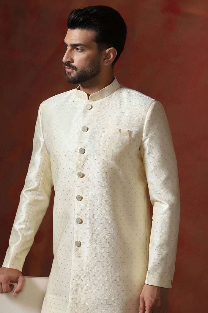 Pastel Cream Cotton Blend Printed Sherwani Set