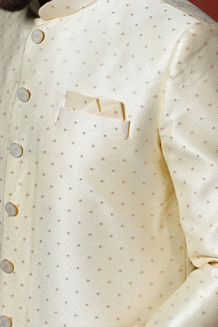 Pastel Cream Cotton Blend Printed Sherwani Set