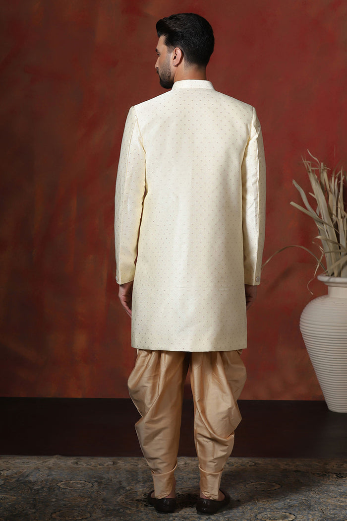 Pastel Cream Cotton Blend Printed Sherwani Set