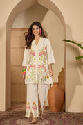 Pastel Cream Floral Embroidered Polyester Co-Ord Set