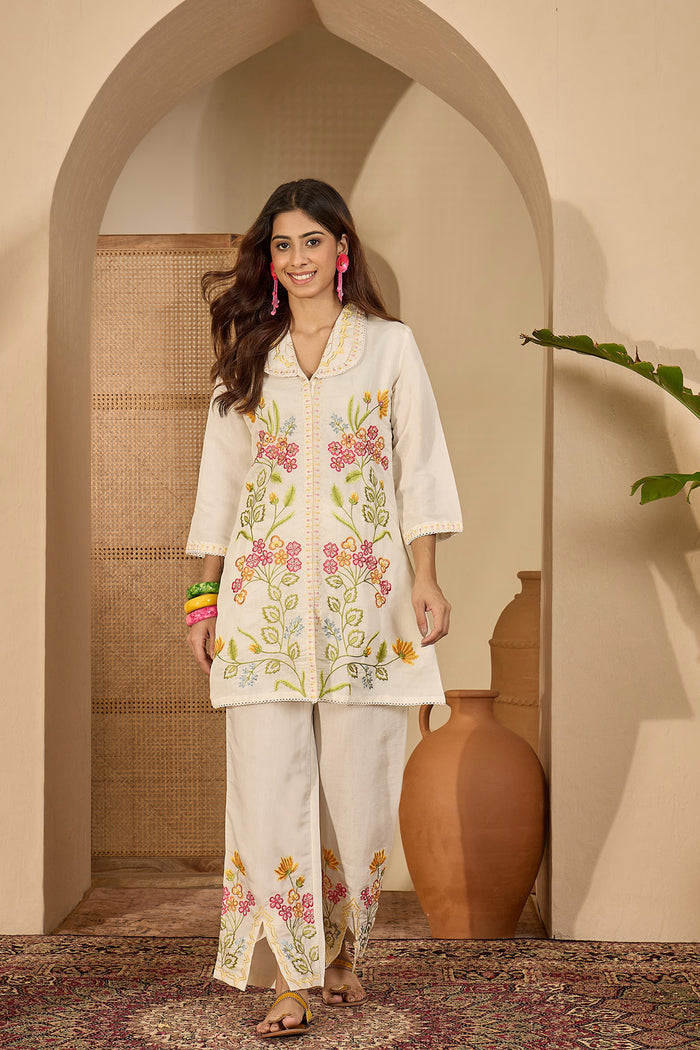 Pastel Cream Floral Embroidered Polyester Co-Ord Set