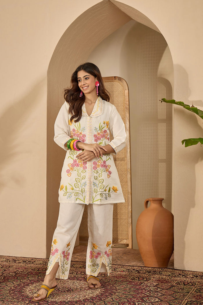 Pastel Cream Floral Embroidered Polyester Co-Ord Set