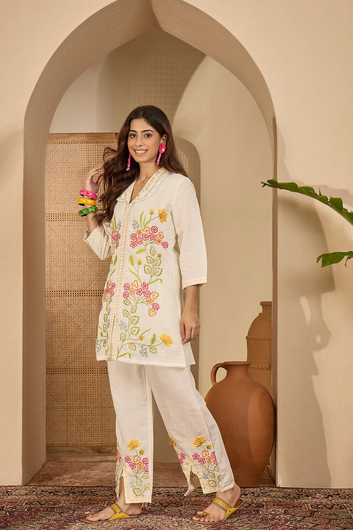 Pastel Cream Floral Embroidered Polyester Co-Ord Set