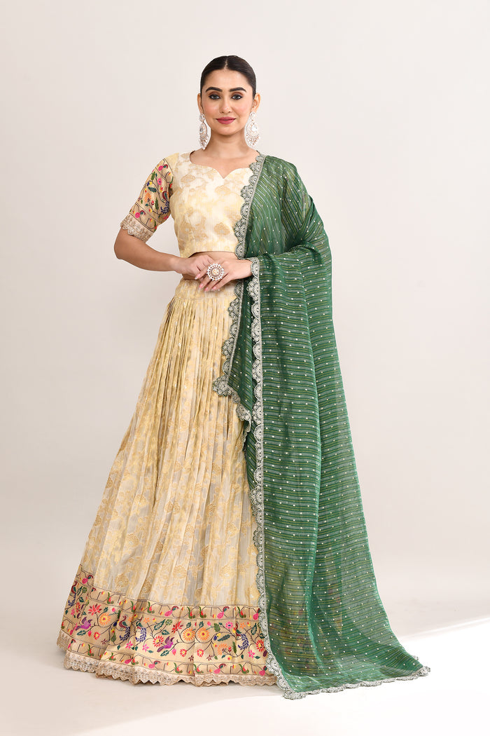 Pastel Cream Kota Fabric Floral Printed Lehenga Set