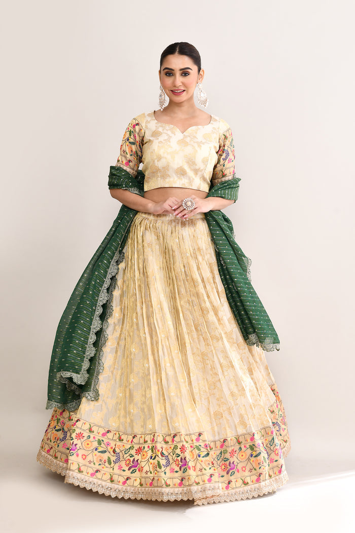 Pastel Cream Kota Fabric Floral Printed Lehenga Set