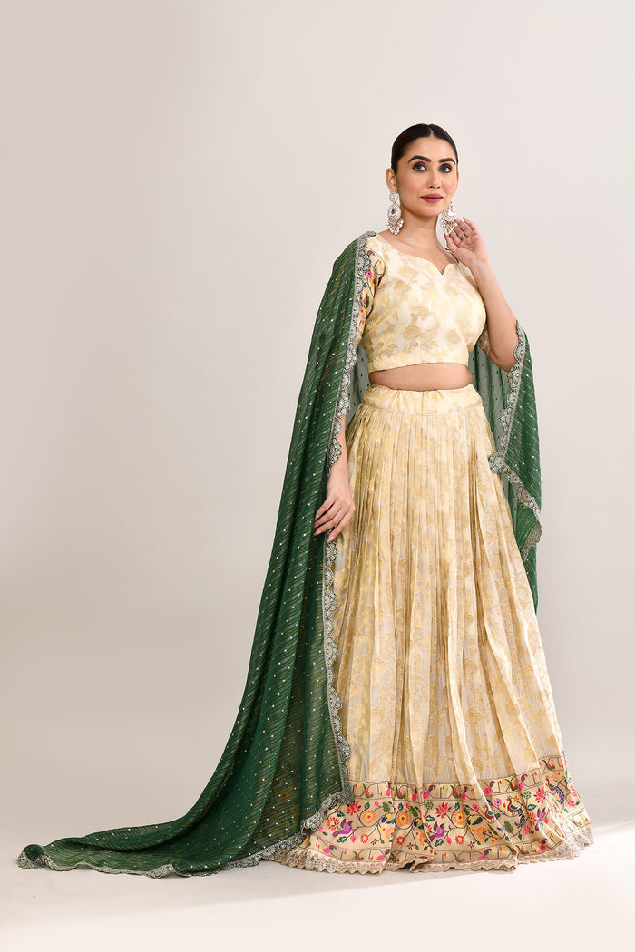 Pastel Cream Kota Fabric Floral Printed Lehenga Set