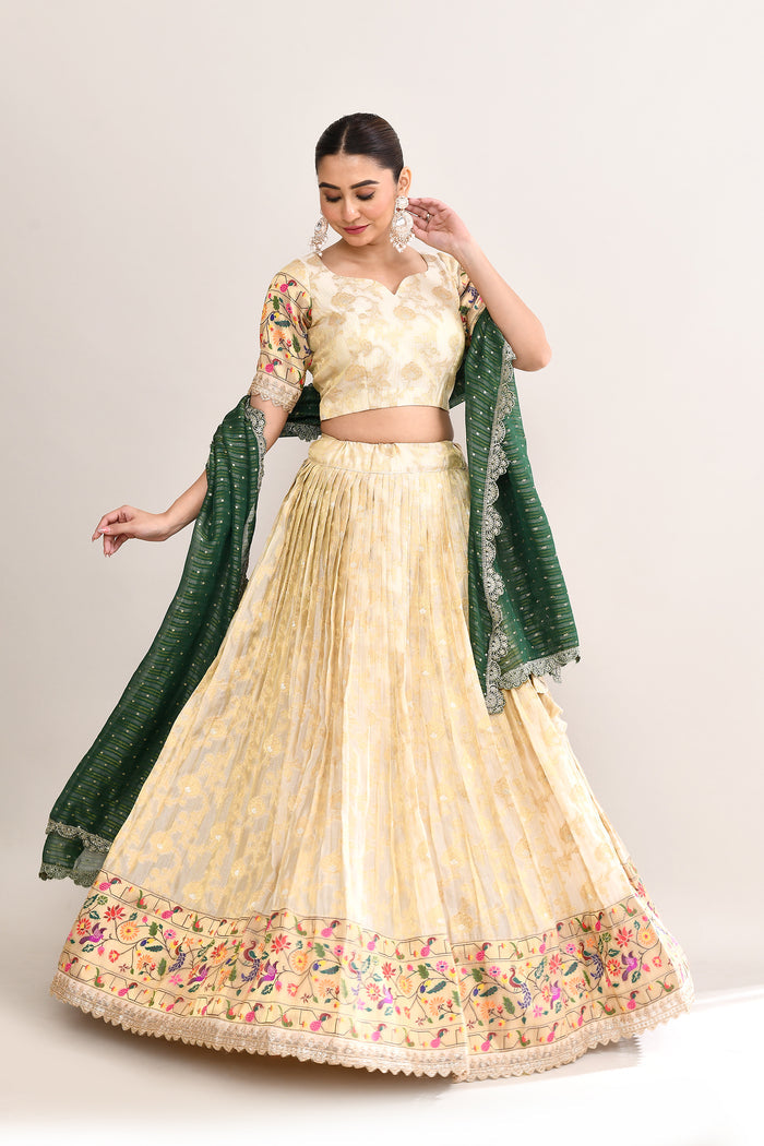 Pastel Cream Kota Fabric Floral Printed Lehenga Set