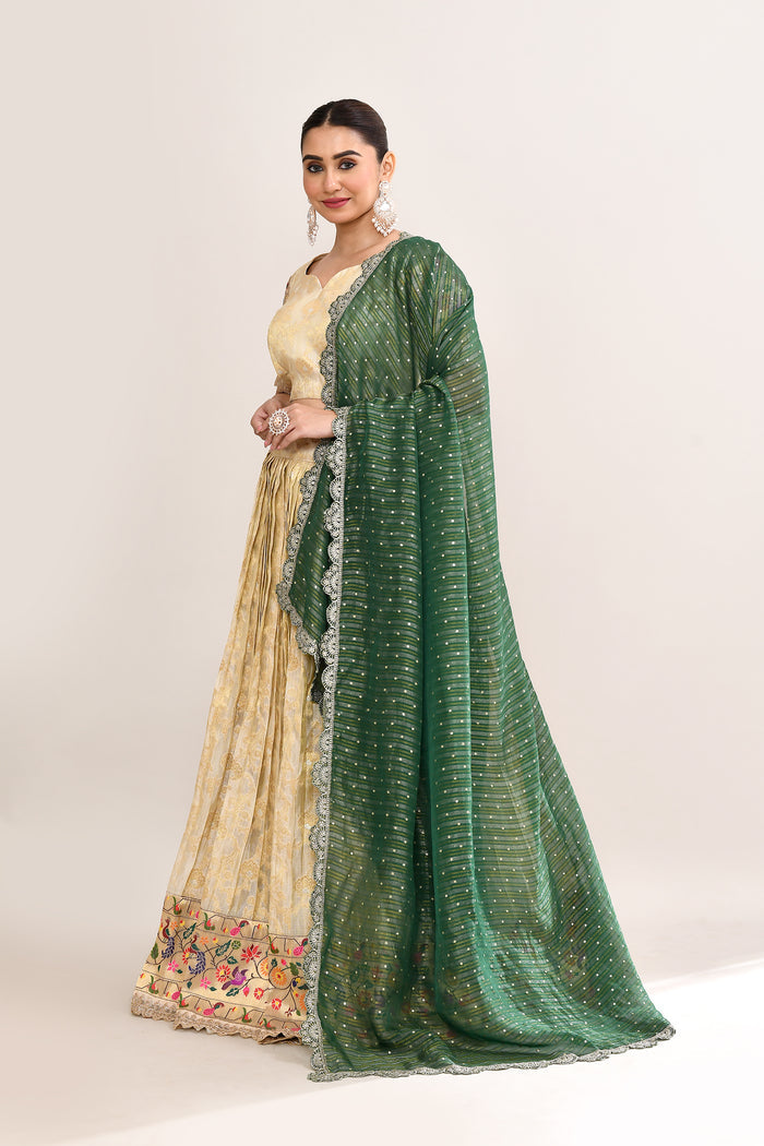 Pastel Cream Kota Fabric Floral Printed Lehenga Set