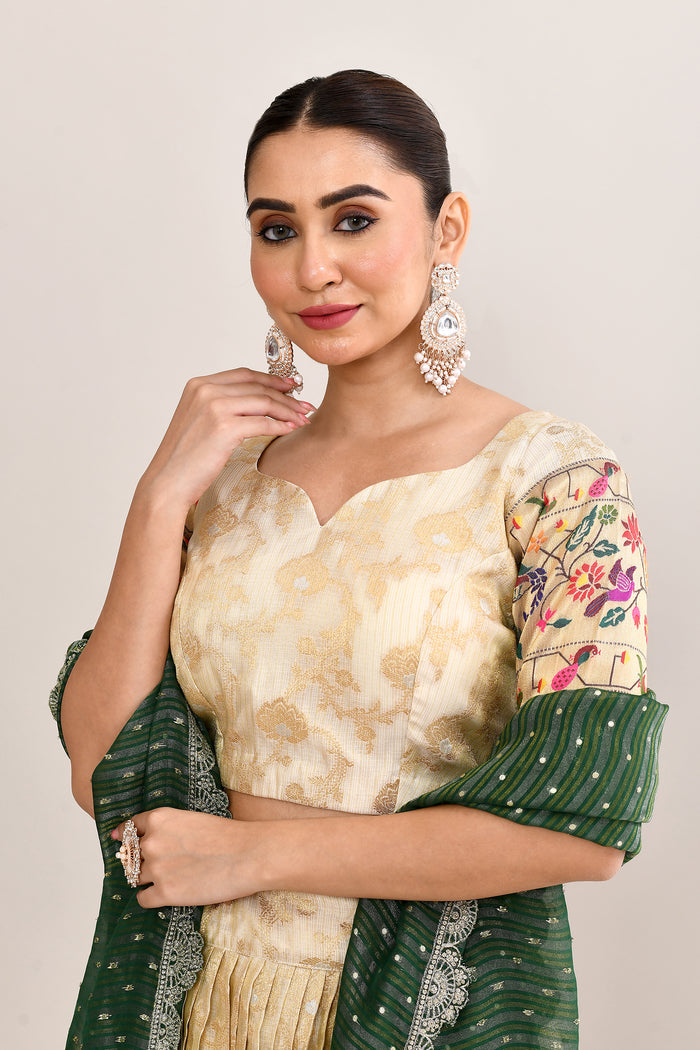 Pastel Cream Kota Fabric Floral Printed Lehenga Set