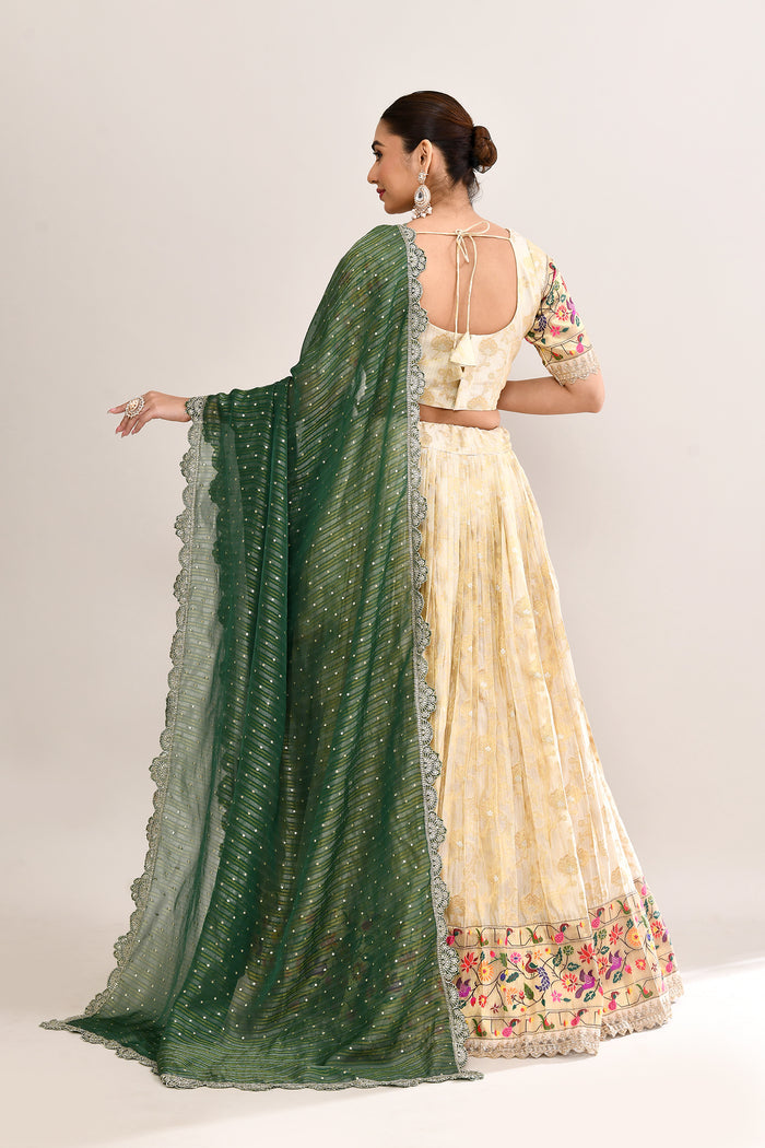 Pastel Cream Kota Fabric Floral Printed Lehenga Set
