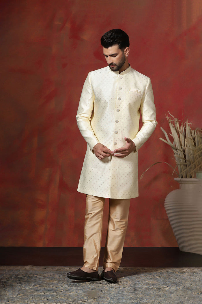 Pastel Cream Printed Cotton Blend Sherwani Set