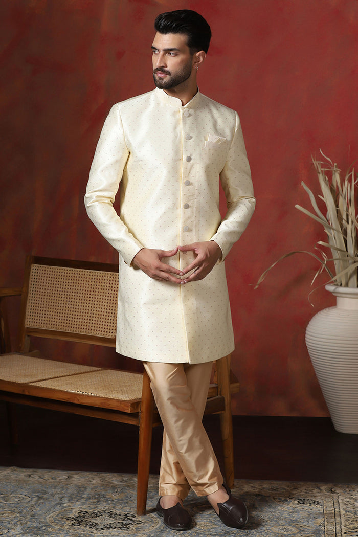 Pastel Cream Printed Cotton Blend Sherwani Set
