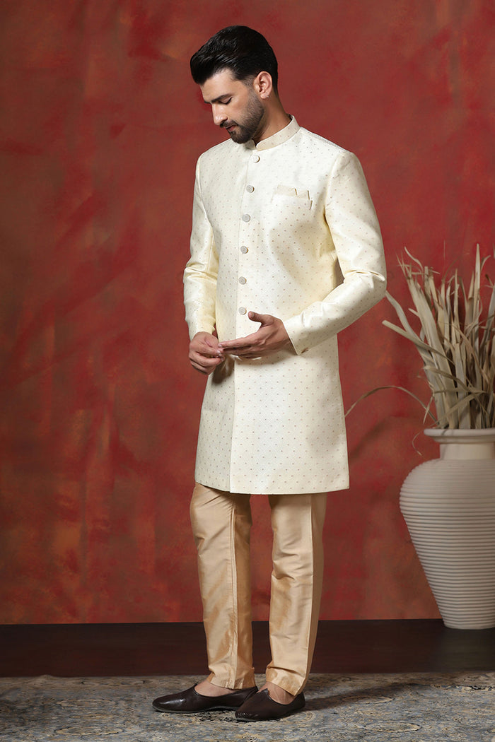 Pastel Cream Printed Cotton Blend Sherwani Set