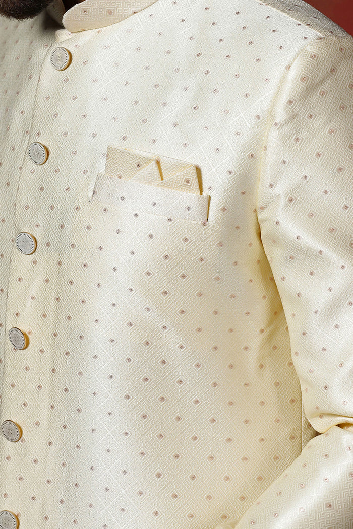 Pastel Cream Printed Cotton Blend Sherwani Set