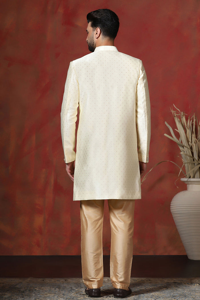 Pastel Cream Printed Cotton Blend Sherwani Set