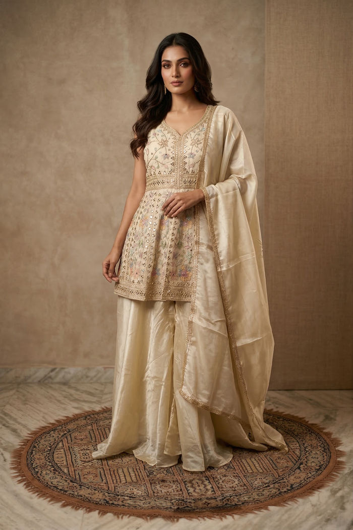 Pastel Cream Satin Silk Peplum Set