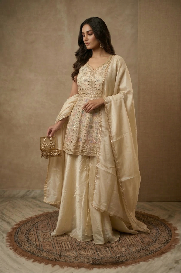 Pastel Cream Satin Silk Peplum Set
