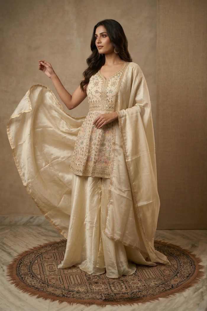 Pastel Cream Satin Silk Peplum Set