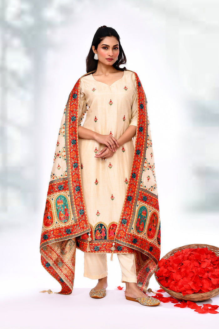 Pastel Cream Tissue Silk Floral Kurta Set