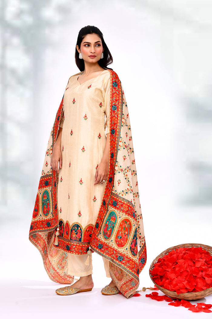Pastel Cream Tissue Silk Floral Kurta Set