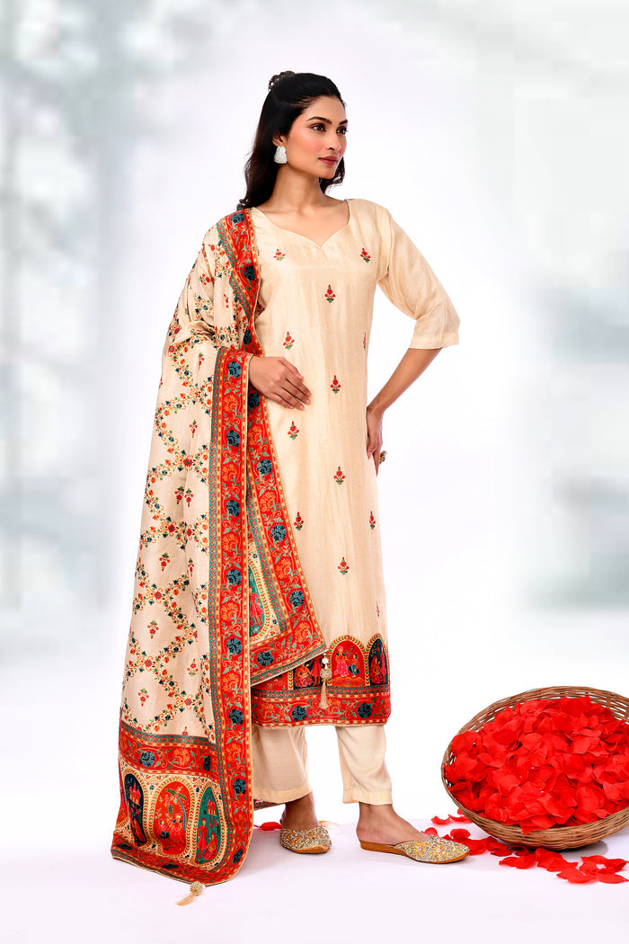Pastel Cream Tissue Silk Floral Kurta Set