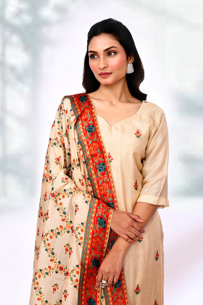 Pastel Cream Tissue Silk Floral Kurta Set