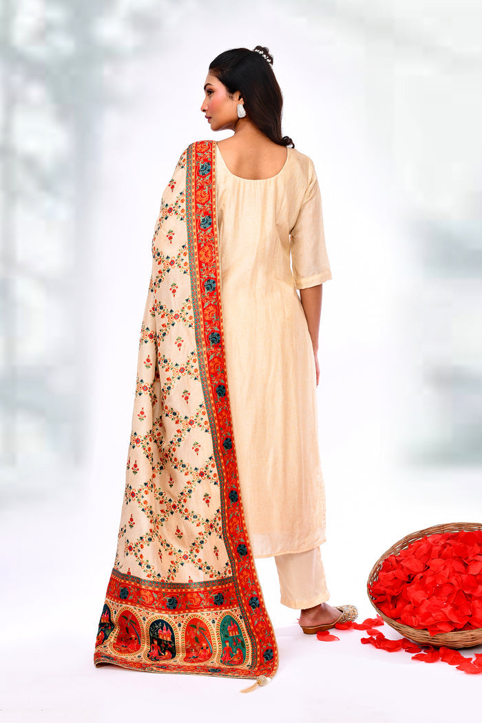 Pastel Cream Tissue Silk Floral Kurta Set
