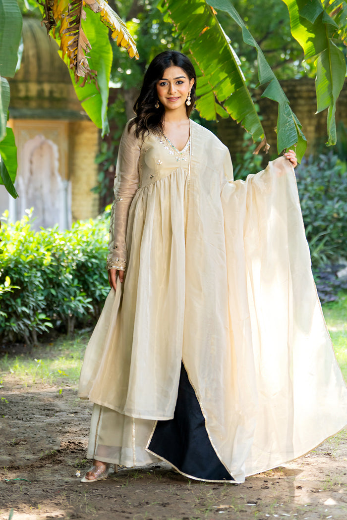 <img> Pastel Cream Tissue Solid Anarkali Set