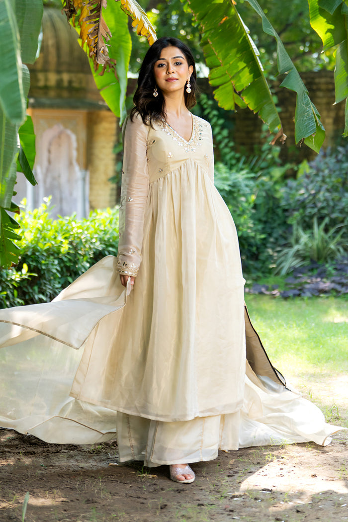 <img> Pastel Cream Tissue Solid Anarkali Set