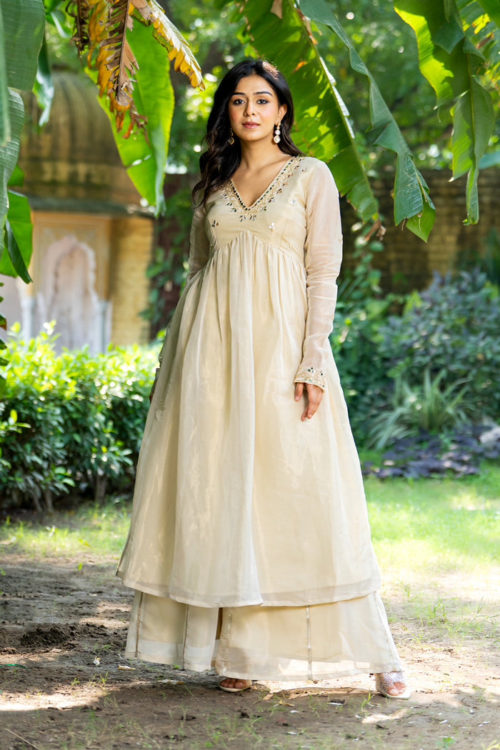 <img> Pastel Cream Tissue Solid Anarkali Set