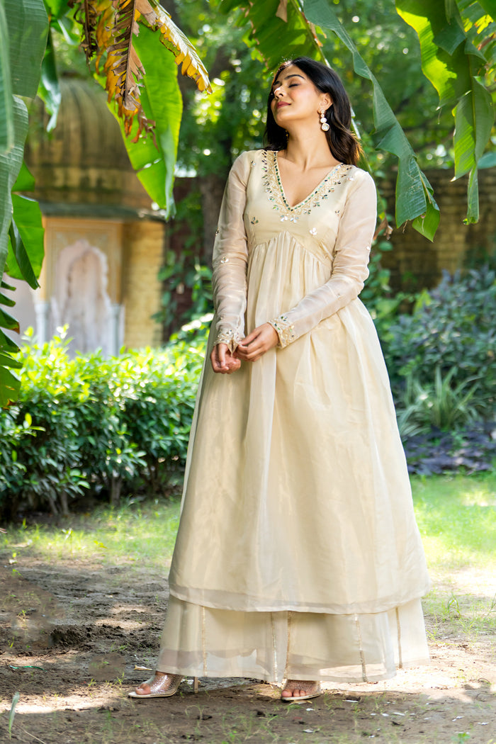 <img> Pastel Cream Tissue Solid Anarkali Set