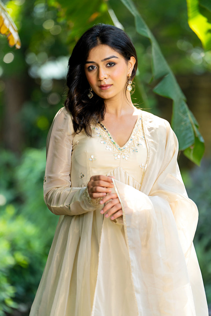 <img> Pastel Cream Tissue Solid Anarkali Set