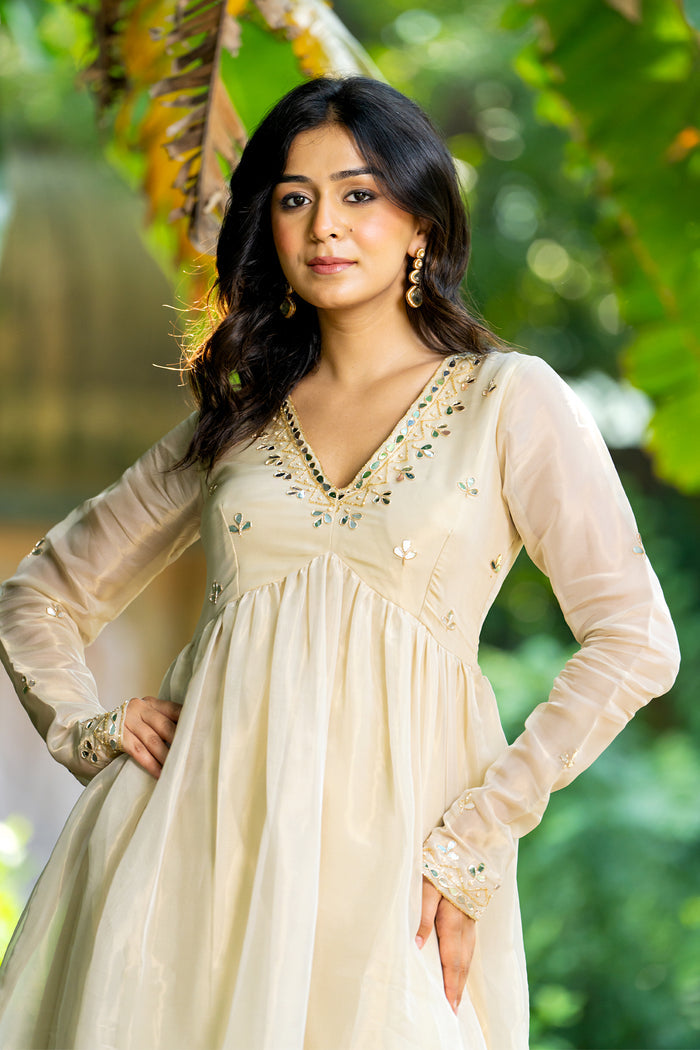 <img> Pastel Cream Tissue Solid Anarkali Set